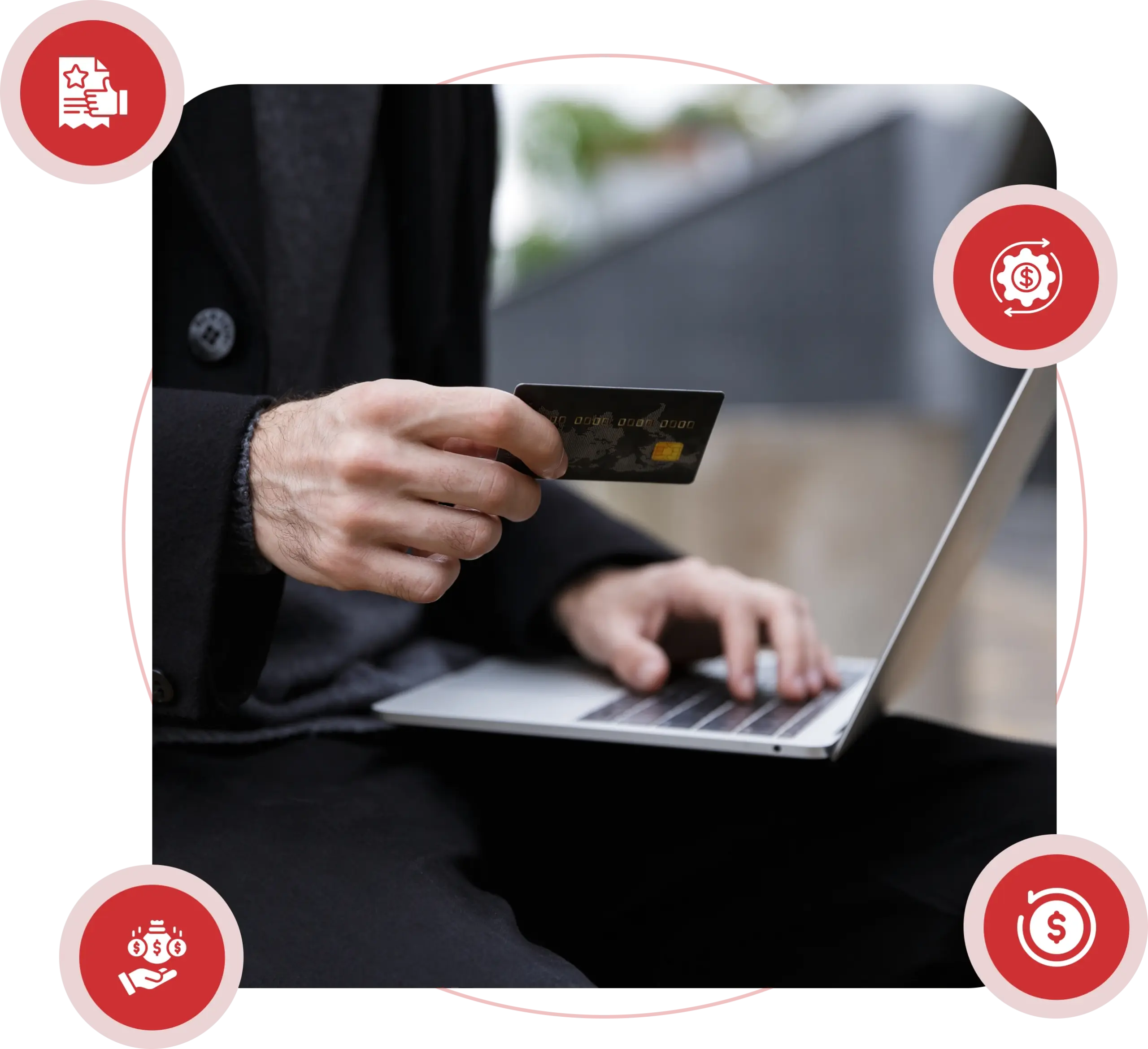 Customer holding a credit card while using a laptop for online payment processing, with high-risk merchant service icons