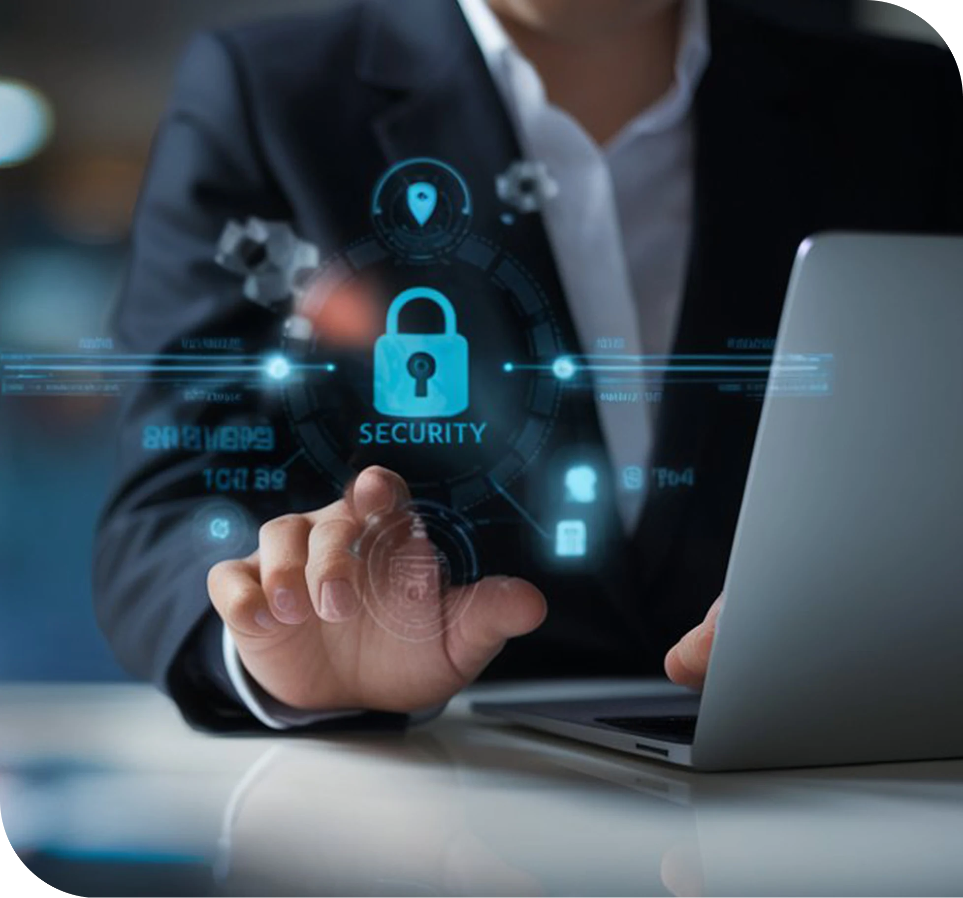 Business professional using a laptop with a digital security lock interface representing PCI DSS compliance monitoring and support