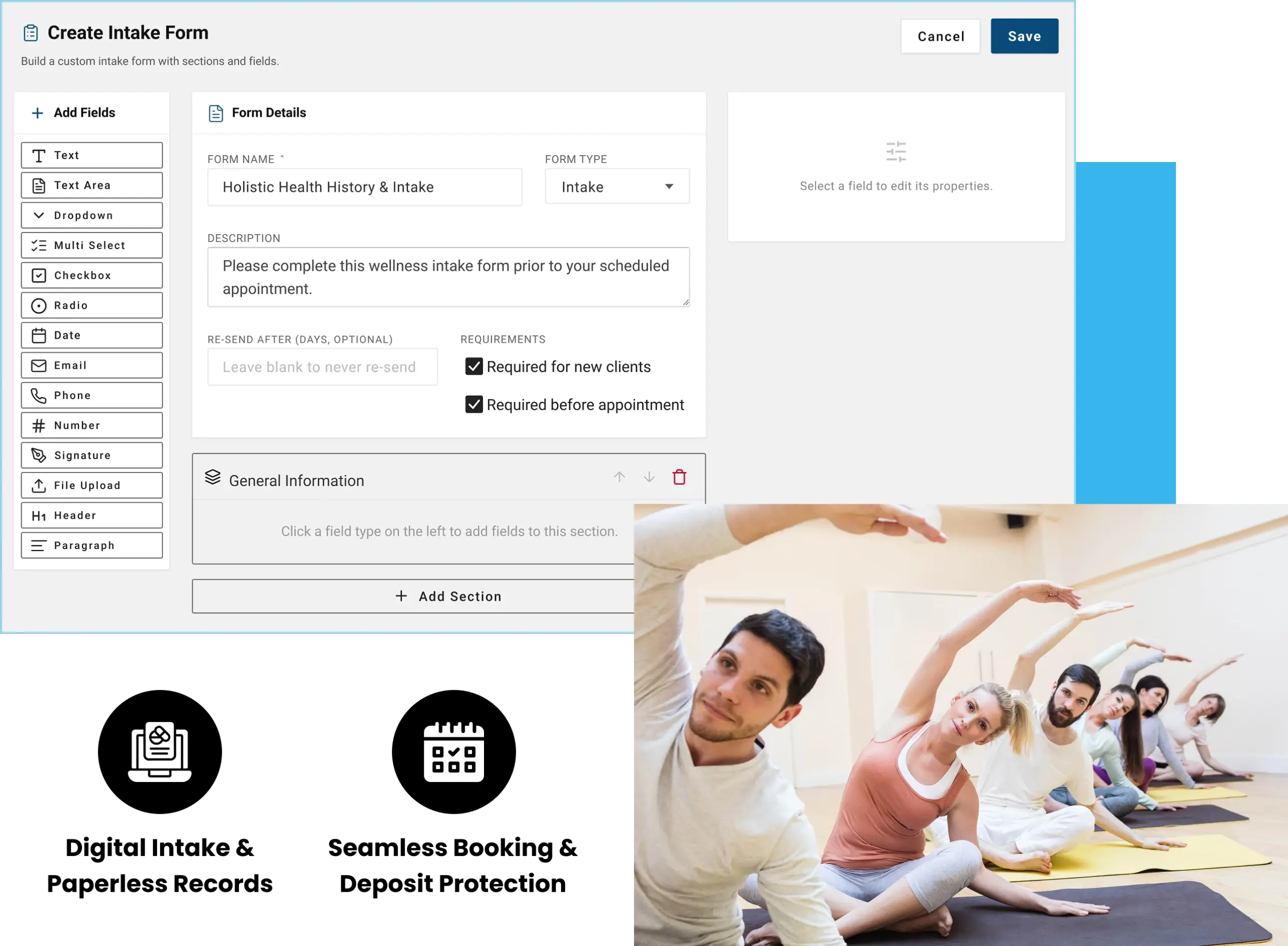 Cloud Studio Manager wellness center intake form builder showing digital client records, appointment booking, and wellness class activities