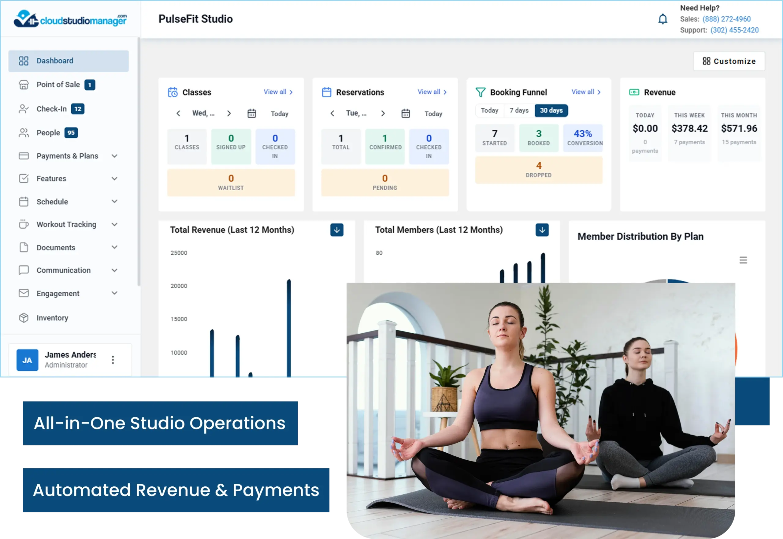 Yoga studio management dashboard with class scheduling, recurring membership billing, payment reporting, and yoga instructors